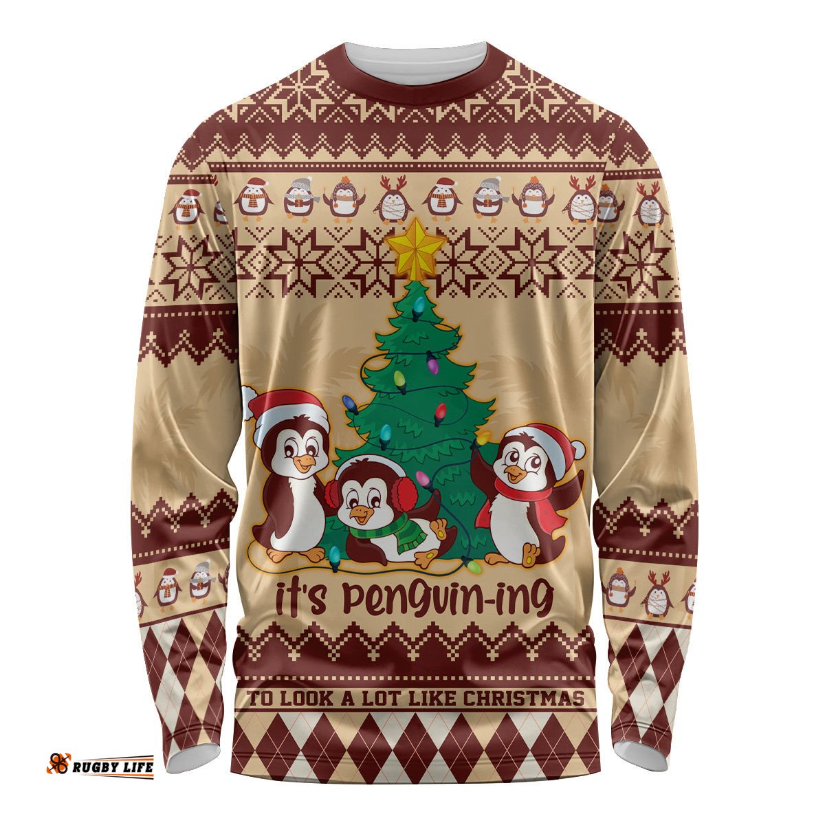 Australia Penguin Christmas Argyle Pattern Personalised Long Sleeve T-shirt