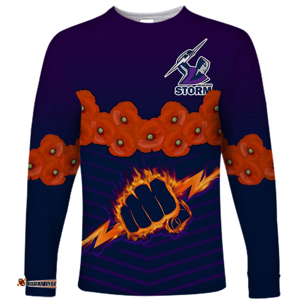 ANZAC Melbourne Storm Rugby Long Sleeve T-shirt Poppy Flowers Sporty Style