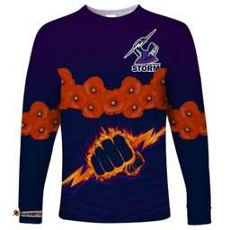 ANZAC Melbourne Storm Rugby Long Sleeve T-shirt Poppy Flowers Sporty Style