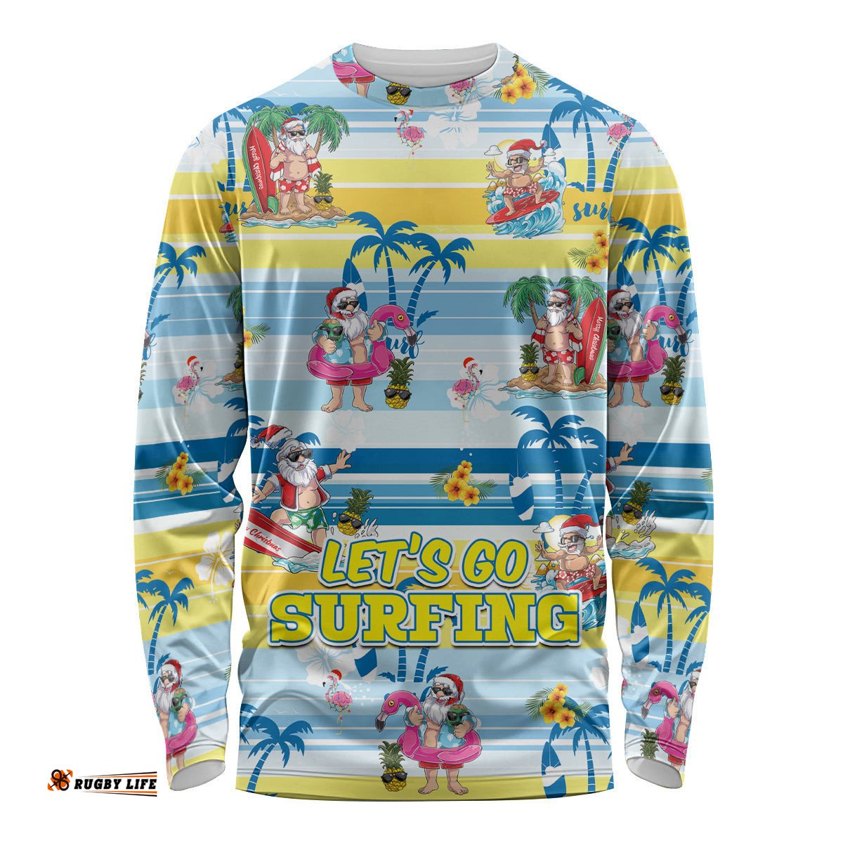 Surfing Christmas Long Sleeve T-shirt Tropical Santa Let's Go Surfing