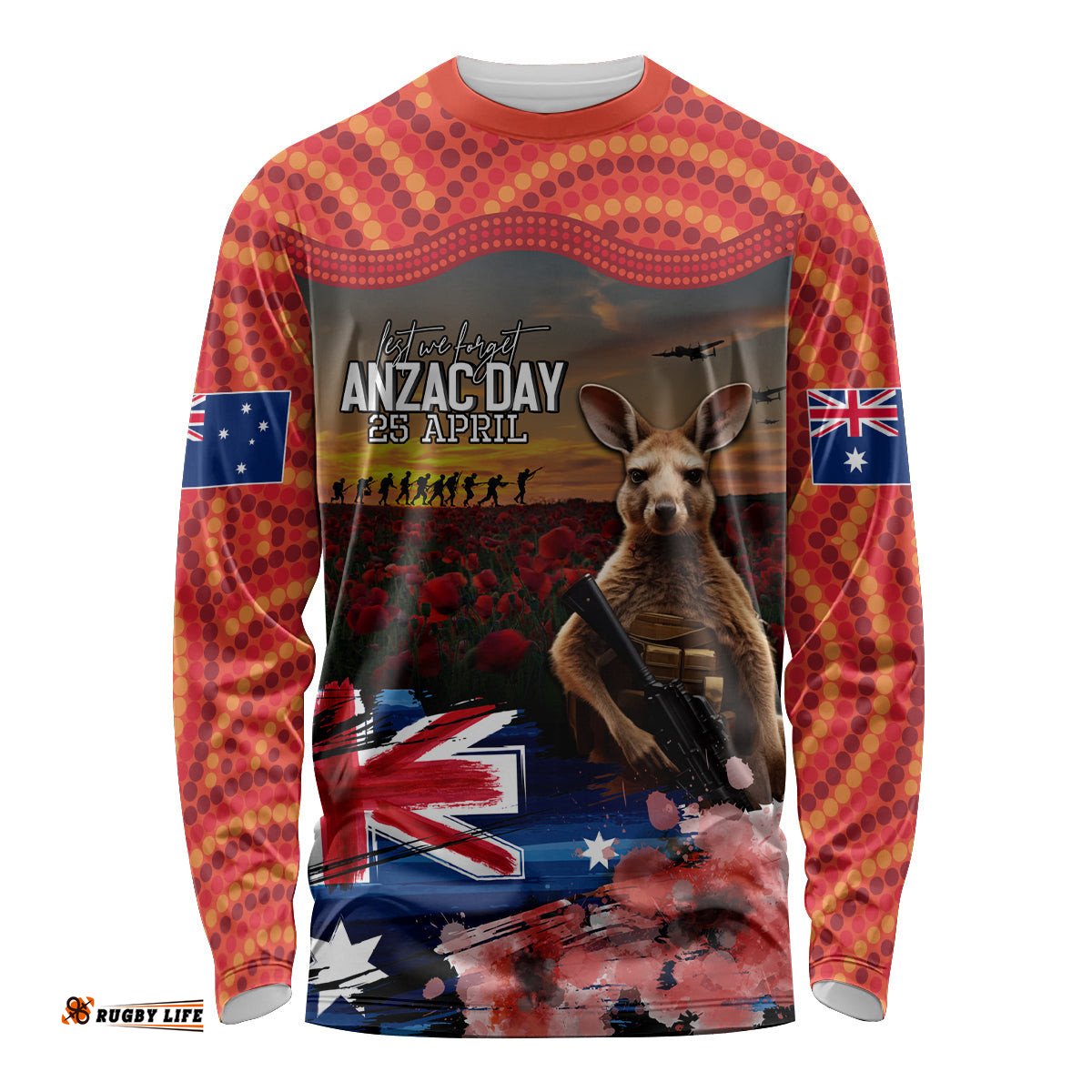 Australia ANZAC Day Long Sleeve T-shirt Koala and Kangaroo Red Poppy Flower Field Aboriginal Pattern