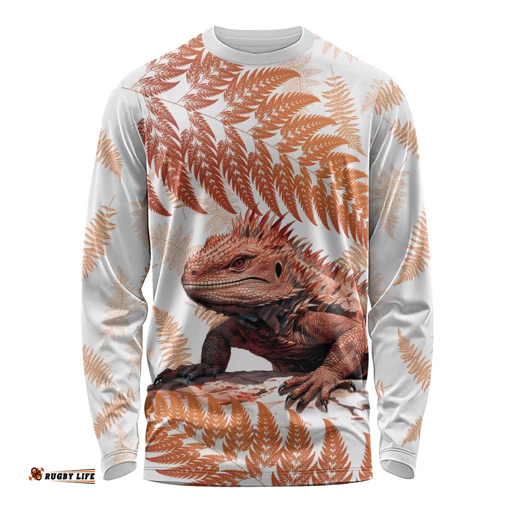 Red New Zealand Tuatara Long Sleeve T-shirt Aotearoa Sphenodon Punctatus Silver Fern
