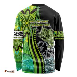 Australia Fishing Long Sleeve T-shirt Aboriginal Rise And Shine A Bass Fish Jumps Out Of Water And Aboriginal Patterns Inspired