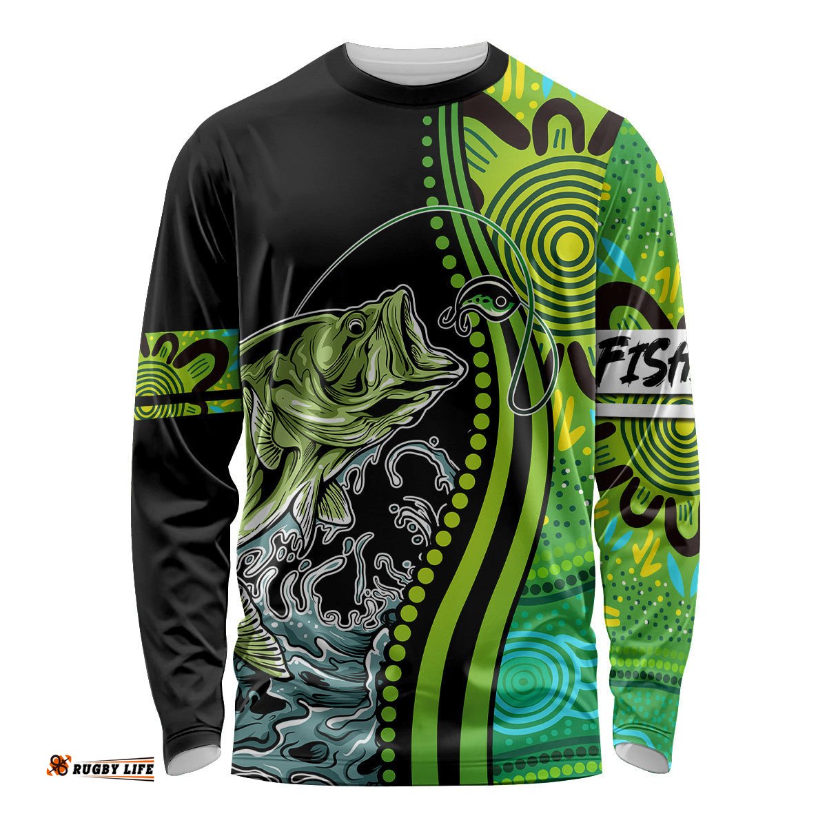 Australia Fishing Long Sleeve T-shirt Aboriginal Rise And Shine A Bass Fish Jumps Out Of Water And Aboriginal Patterns Inspired