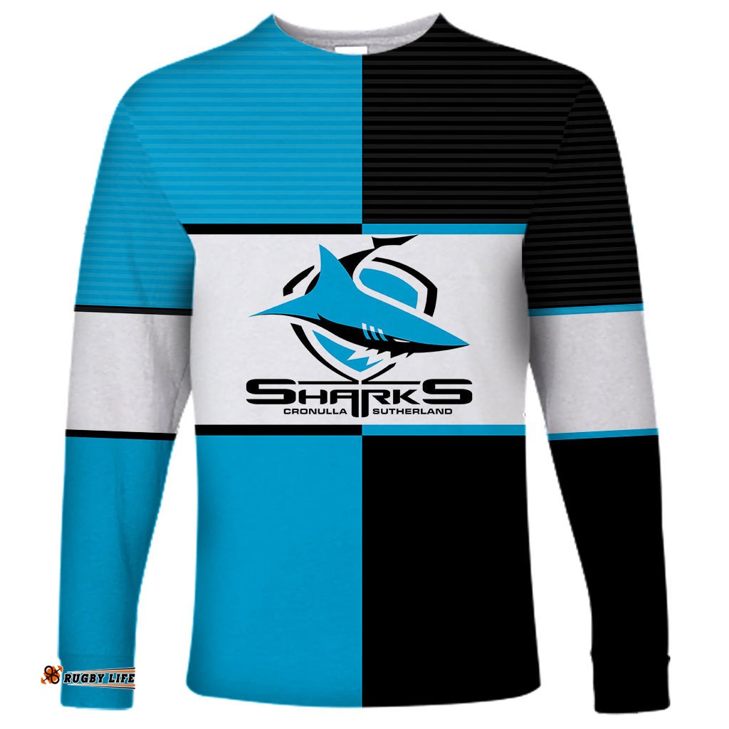 Custom Text And Number NRL Sharks Long Sleeve T-shirt Mix Jersey