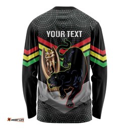 Personalised Panthers Rugby 2024 Long Sleeve T-shirt Mascot With Trophy Go Champions Aboriginal Art