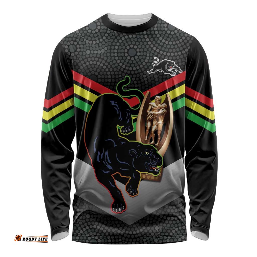 Personalised Panthers Rugby 2024 Long Sleeve T-shirt Mascot With Trophy Go Champions Aboriginal Art