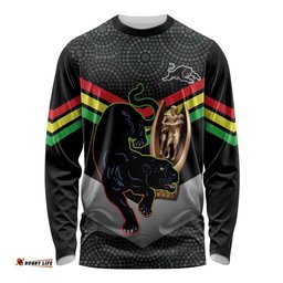 Personalised Panthers Rugby 2024 Long Sleeve T-shirt Mascot With Trophy Go Champions Aboriginal Art