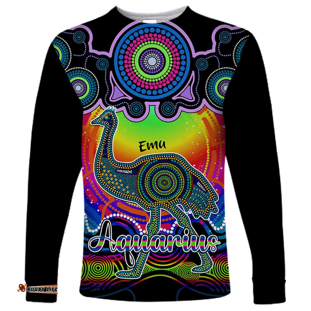 Personalised Australia Aquarius Emu Zodiac Long Sleeve T-shirt Auz Astrology Aboriginal Rainbow
