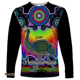 Personalised Australia Aquarius Emu Zodiac Long Sleeve T-shirt Auz Astrology Aboriginal Rainbow