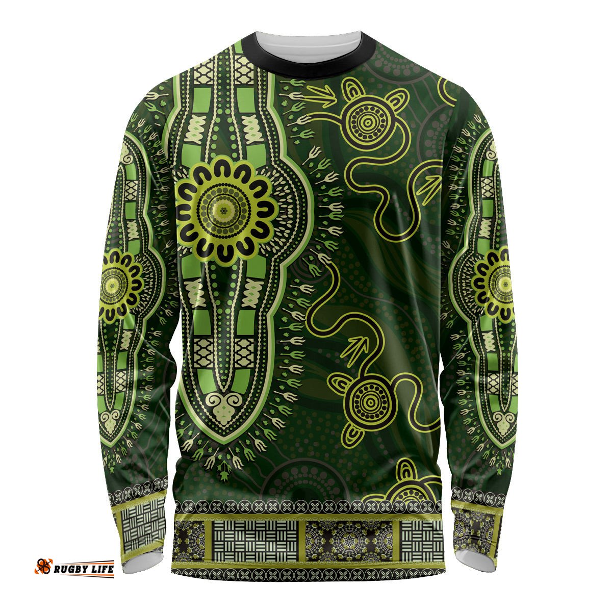 Lime Green African Dashiki With Australia Aboriginal Art Long Sleeve T-shirt