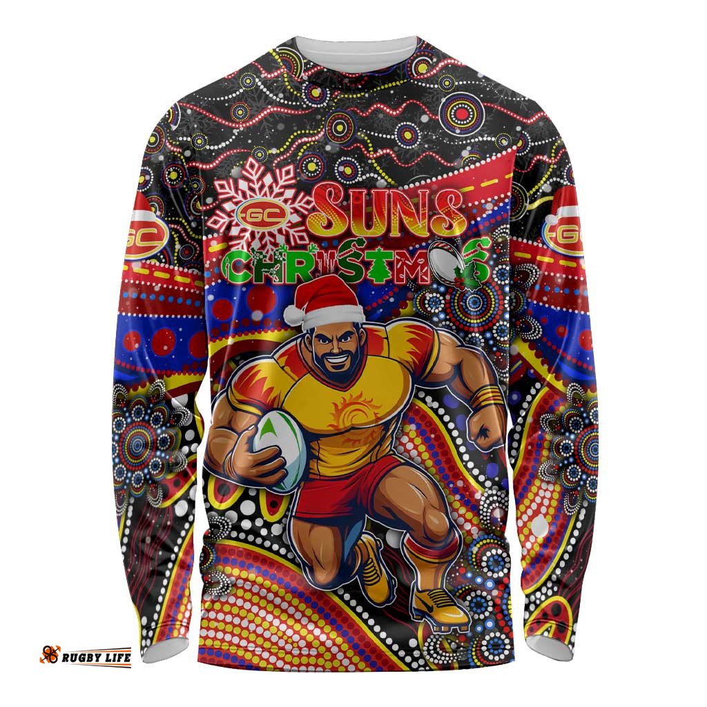 Merry Christmas AFL Gold Coast Suns Long Sleeve T-shirt Aboriginal Santa Football Mascot