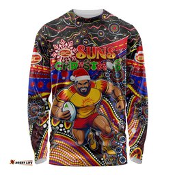 Merry Christmas AFL Gold Coast Suns Long Sleeve T-shirt Aboriginal Santa Football Mascot