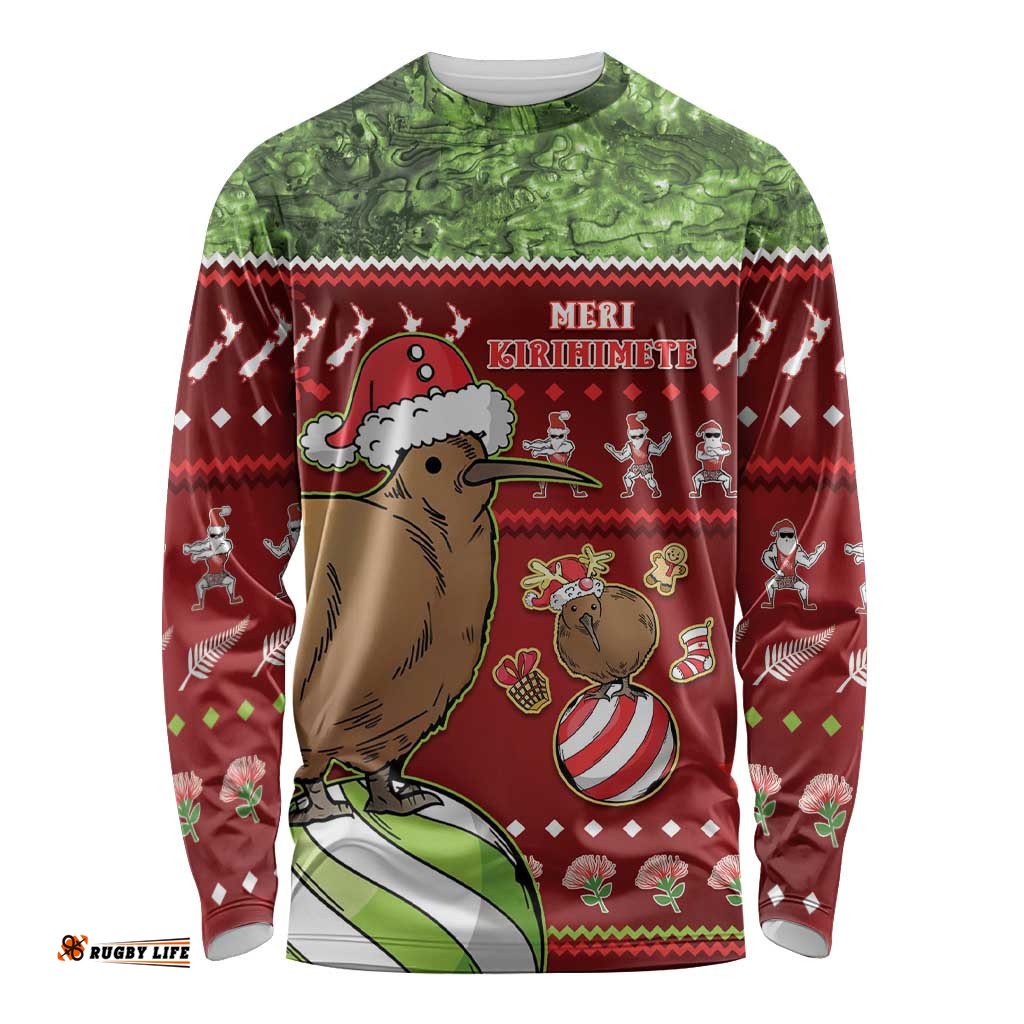 New Zealand Kiwi Christmas Long Sleeve T-shirt Paua Shell Glitter Green
