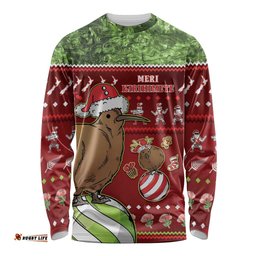 New Zealand Kiwi Christmas Long Sleeve T-shirt Paua Shell Glitter Green