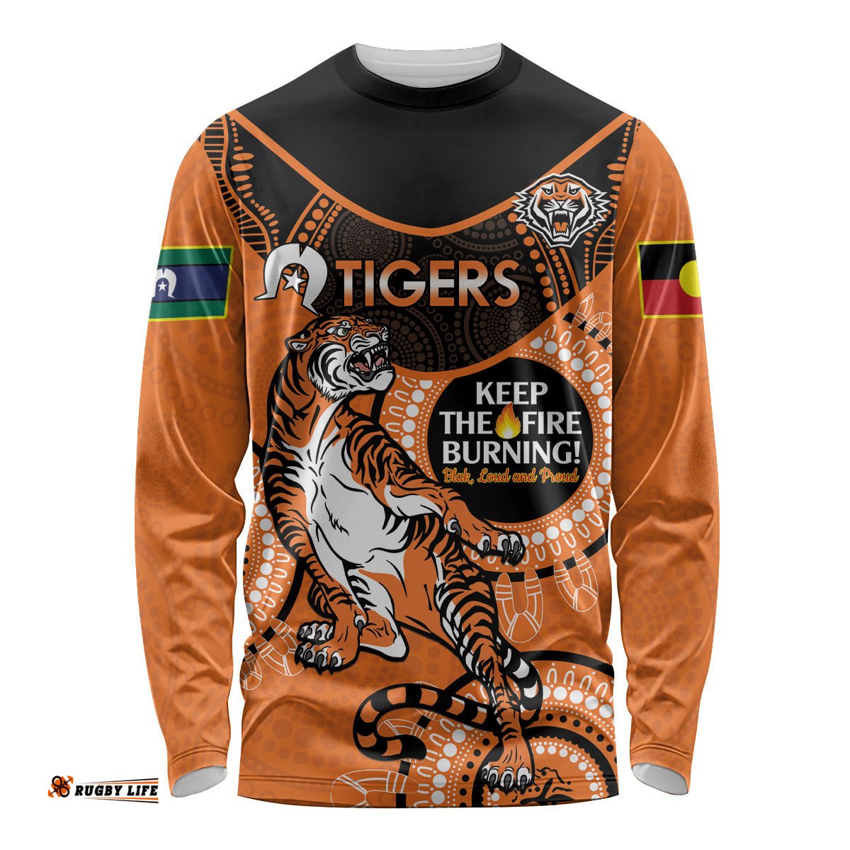 Custom NRL Tigers NAIDOC Week Long Sleeve T-shirt Keep The Fire Burning Indigenous Art