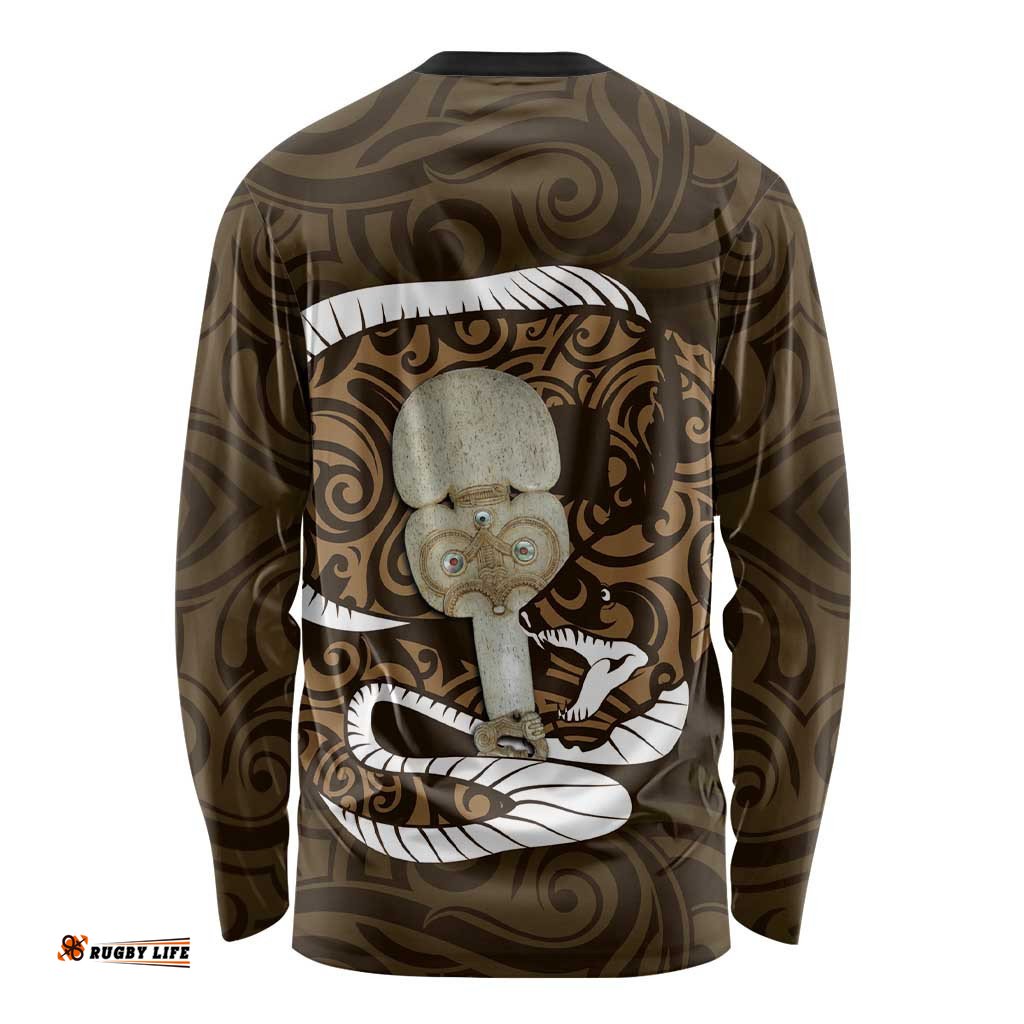 Gold New Zealand Eel Long Sleeve T-shirt Aotearoa Maori Tuna With Kotiate Weapon