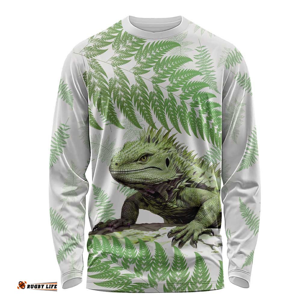 Green New Zealand Tuatara Long Sleeve T-shirt Aotearoa Sphenodon Punctatus Silver Fern