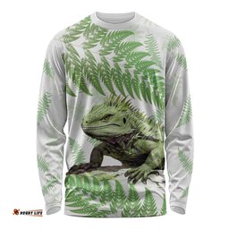 Green New Zealand Tuatara Long Sleeve T-shirt Aotearoa Sphenodon Punctatus Silver Fern