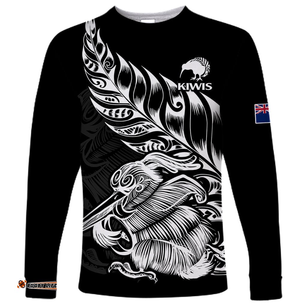 Custom Text And Number New Zealand Kiwi Rugby Long Sleeve T-shirt