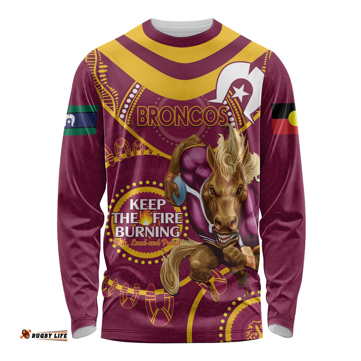 Custom NRL Broncos NAIDOC Week Long Sleeve T-shirt Keep The Fire Burning Indigenous Art