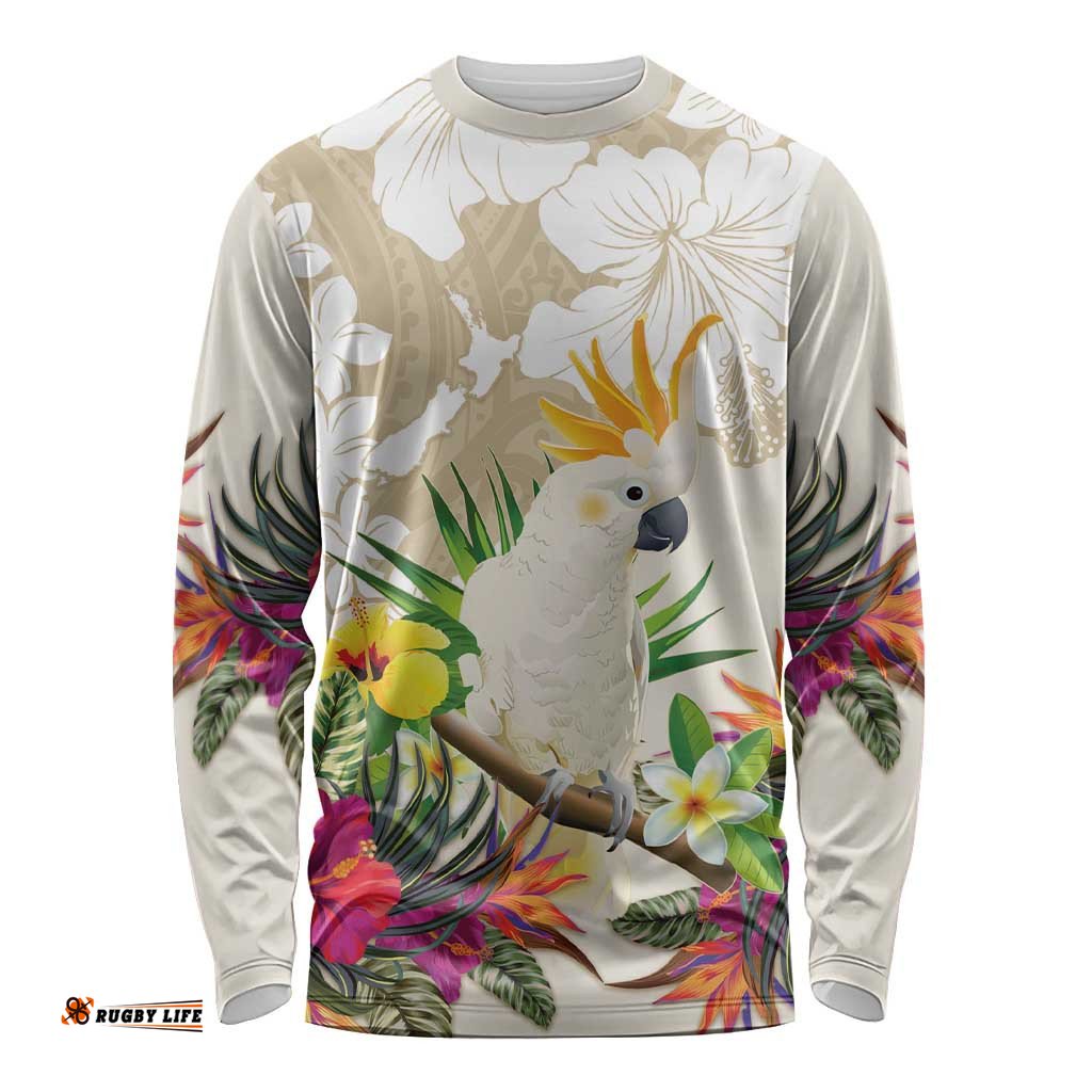 New Zealand Cacatua Galerita Long Sleeve T-shirt Aotearoa Cockatoo Tropical Flowers
