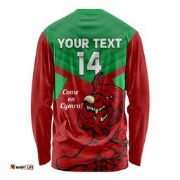 Custom Wales Rugby Long Sleeve T-shirt 2024 Six Nations Come On Cymru Mascot Sporty
