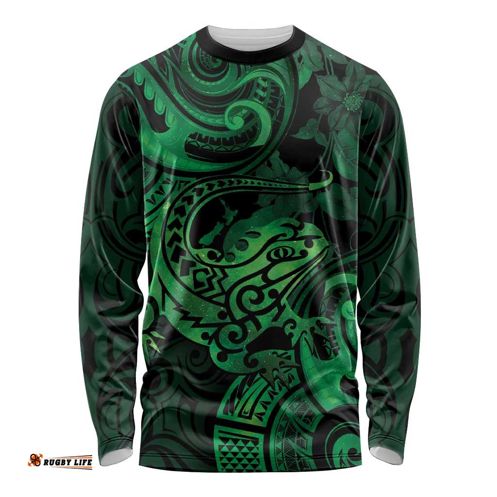 New Zealand Tuatara Long Sleeve T-shirt Aotearoa Maori Clematis Flowers Green