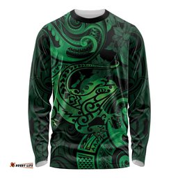 New Zealand Tuatara Long Sleeve T-shirt Aotearoa Maori Clematis Flowers Green