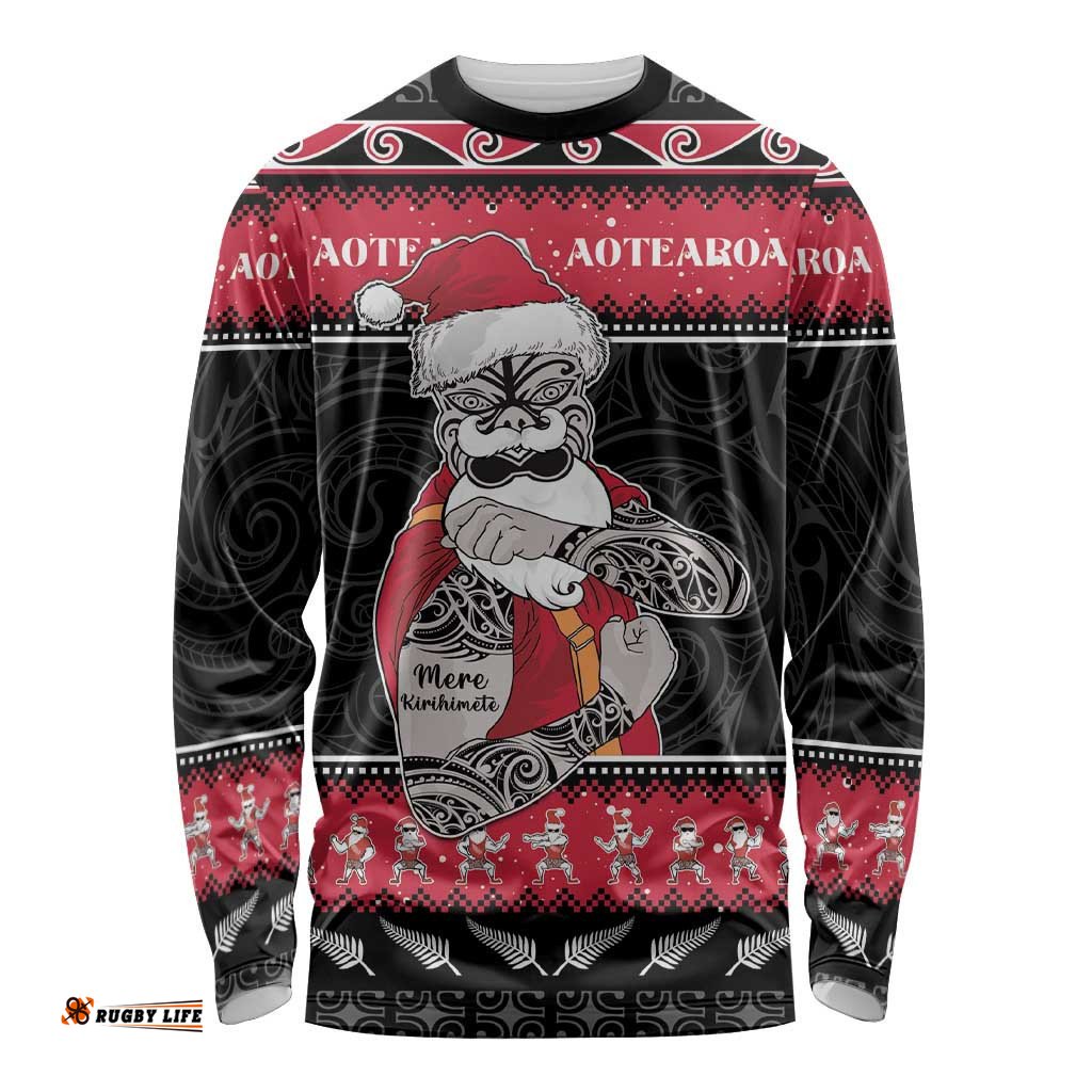New Zealand Santa Tiki Christmas Long Sleeve T-shirt Meri Kirihimete