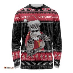 New Zealand Santa Tiki Christmas Long Sleeve T-shirt Meri Kirihimete