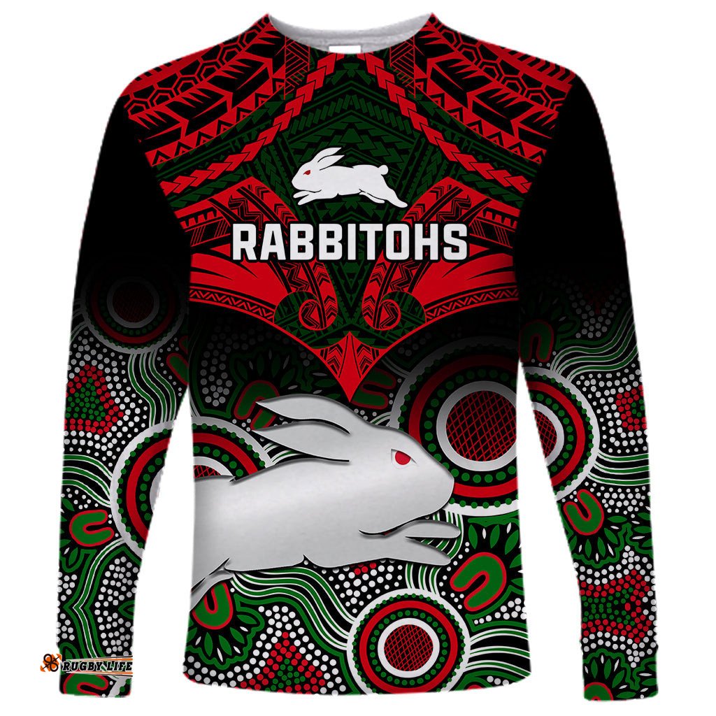Personalised Rabbitohs Rugby Long Sleeve T-shirt Souths 1908 Aboriginal Mix Polynesian Pattern