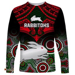 Personalised Rabbitohs Rugby Long Sleeve T-shirt Souths 1908 Aboriginal Mix Polynesian Pattern