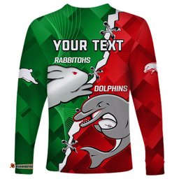 Custom Personalised Rabbitohs Mix Dolphins Rugby Long Sleeve T-shirt Sporty Style