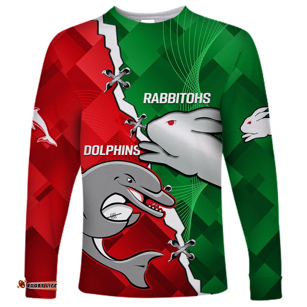 Custom Personalised Rabbitohs Mix Dolphins Rugby Long Sleeve T-shirt Sporty Style
