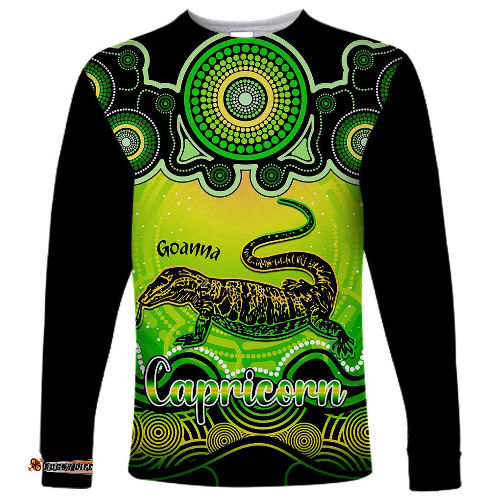Personalised Australia Capricorn Goanna Zodiac Long Sleeve T-shirt Auz Astrology Aboriginal Green