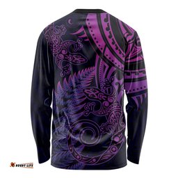 New Zealand Lizard Long Sleeve T-shirt Silver Fern Aotearoa Maori Purple Version