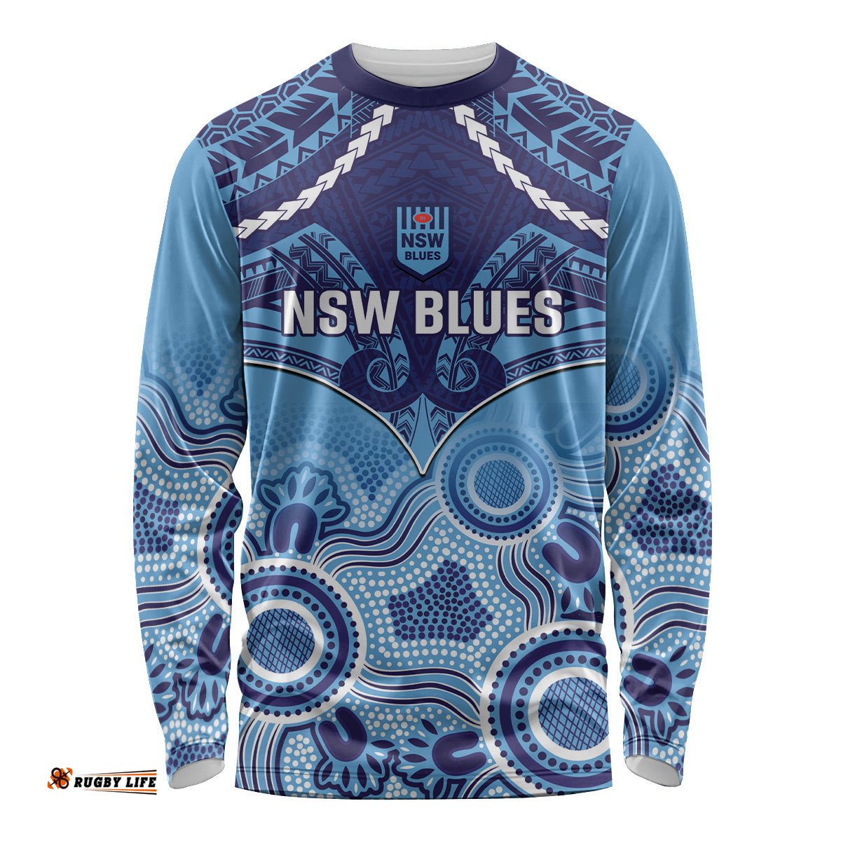 Custom NSW Blues Rugby Long Sleeve T-shirt Aboriginal Mix Polynesian Pattern