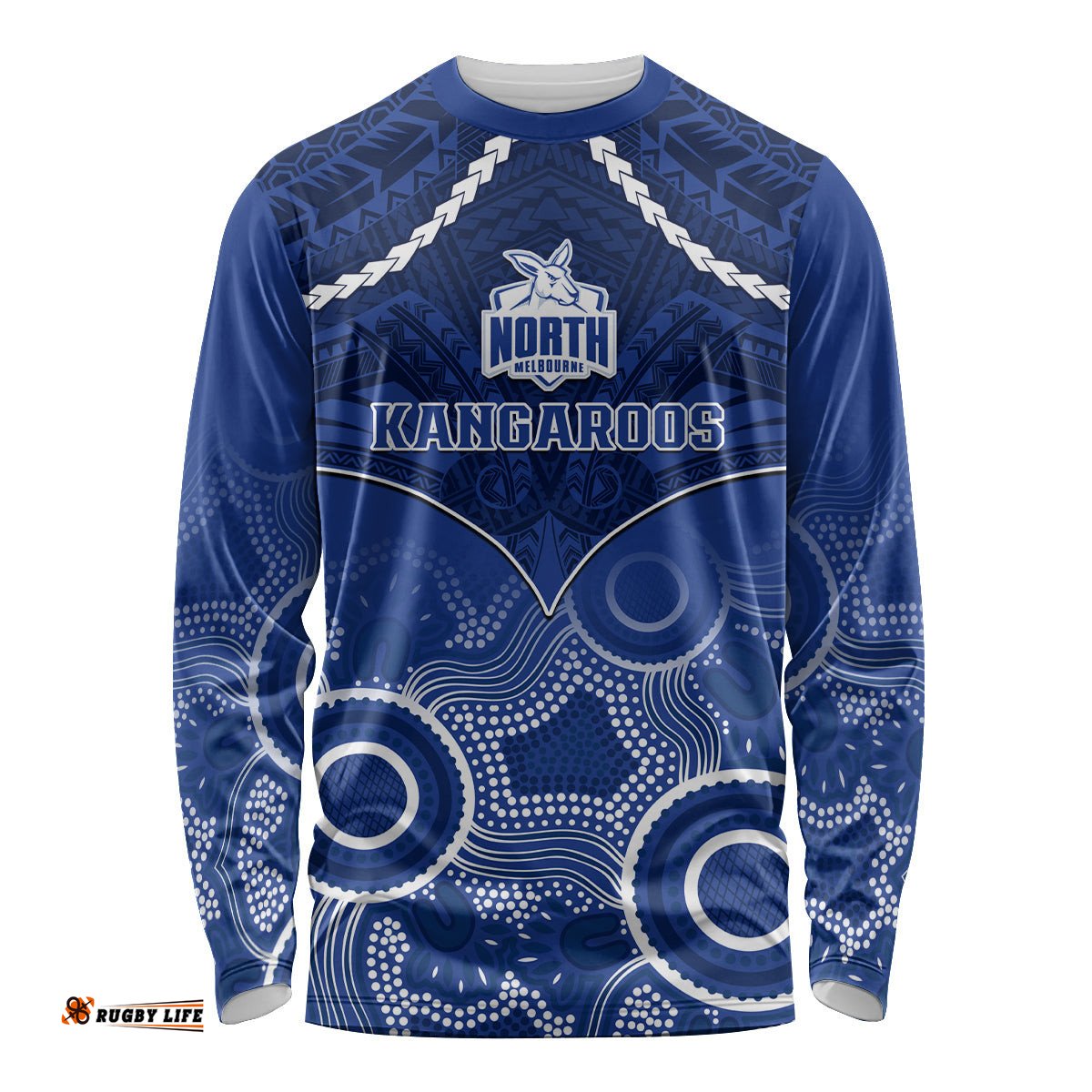 Personalised North Melbourne Football Long Sleeve T-shirt Kangaroos Aboriginal Mix Polynesian Pattern