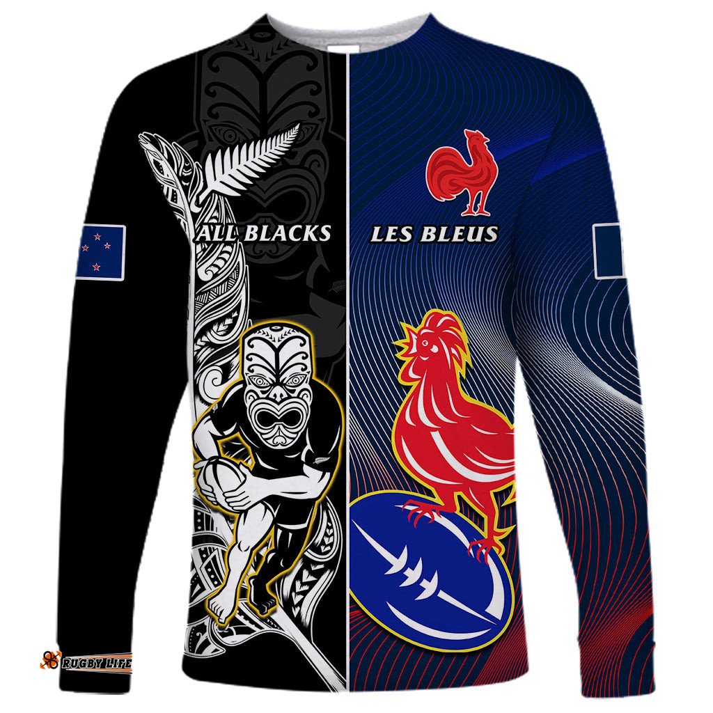 New Zealand And France Rugby Long Sleeve T-shirt All Black With Les Bleus Together World Cup