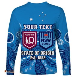 Personalised QLD Maroons and NSW Blues Rugby Long Sleeve T-shirt State of Origin Indigenous Blue