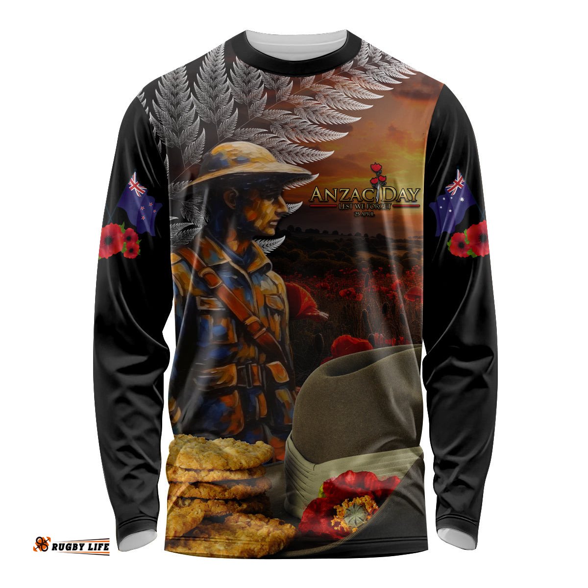 Slouch Hat and Biscuits ANZAC Long Sleeve T-shirt with Soldier Silver Fern