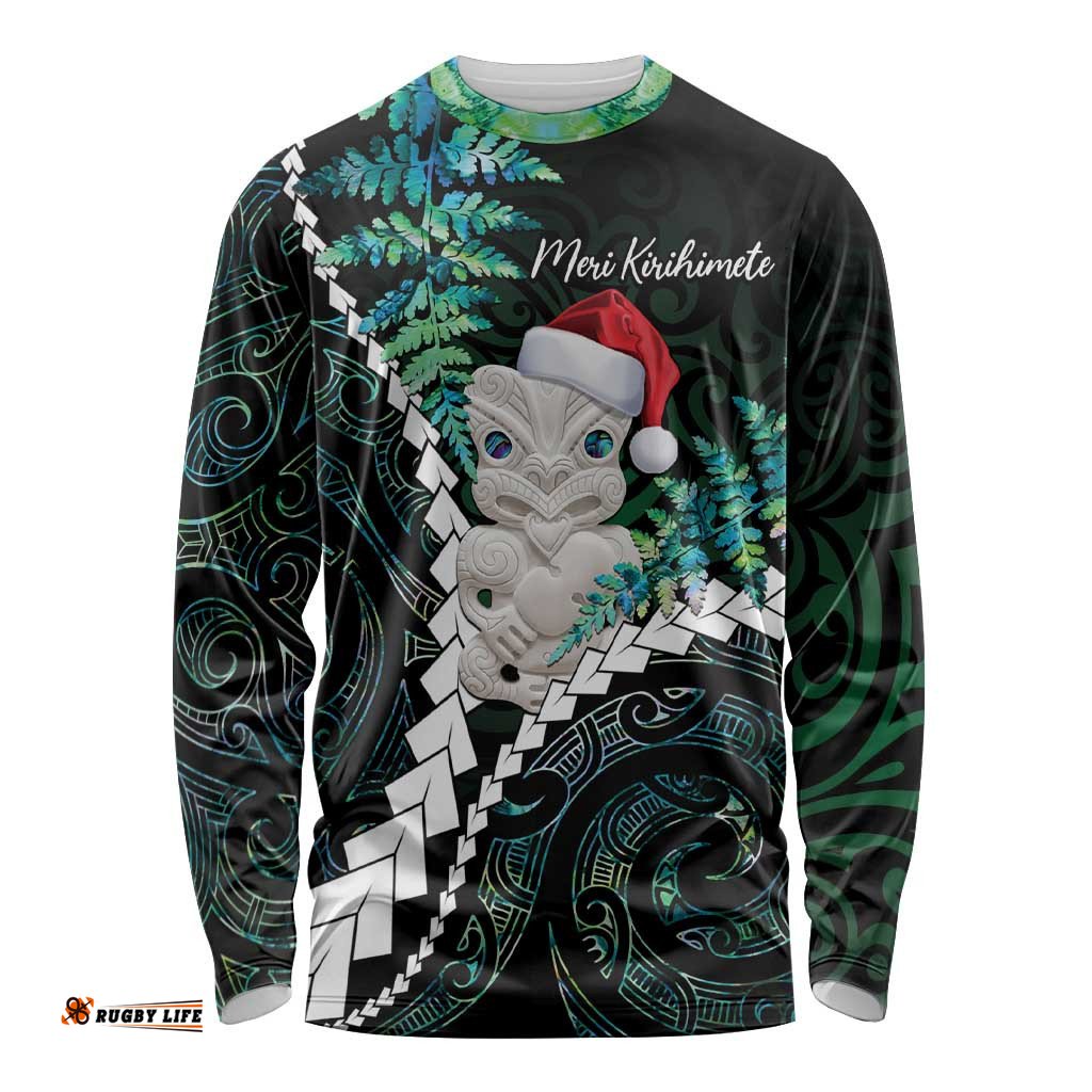 New Zealand Personalised Long Sleeve T-shirt Meri Kirihimete Kowhaiwhai Mix Paua Shell Emerald