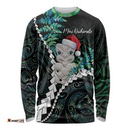 New Zealand Personalised Long Sleeve T-shirt Meri Kirihimete Kowhaiwhai Mix Paua Shell Emerald