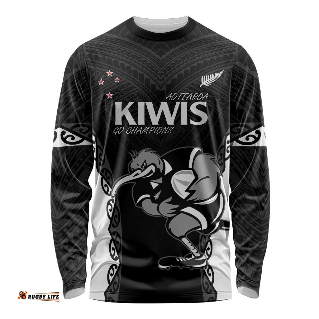 Aotearoa Rugby Custom Long Sleeve T-shirt Maori Kiwi Mascot Style
