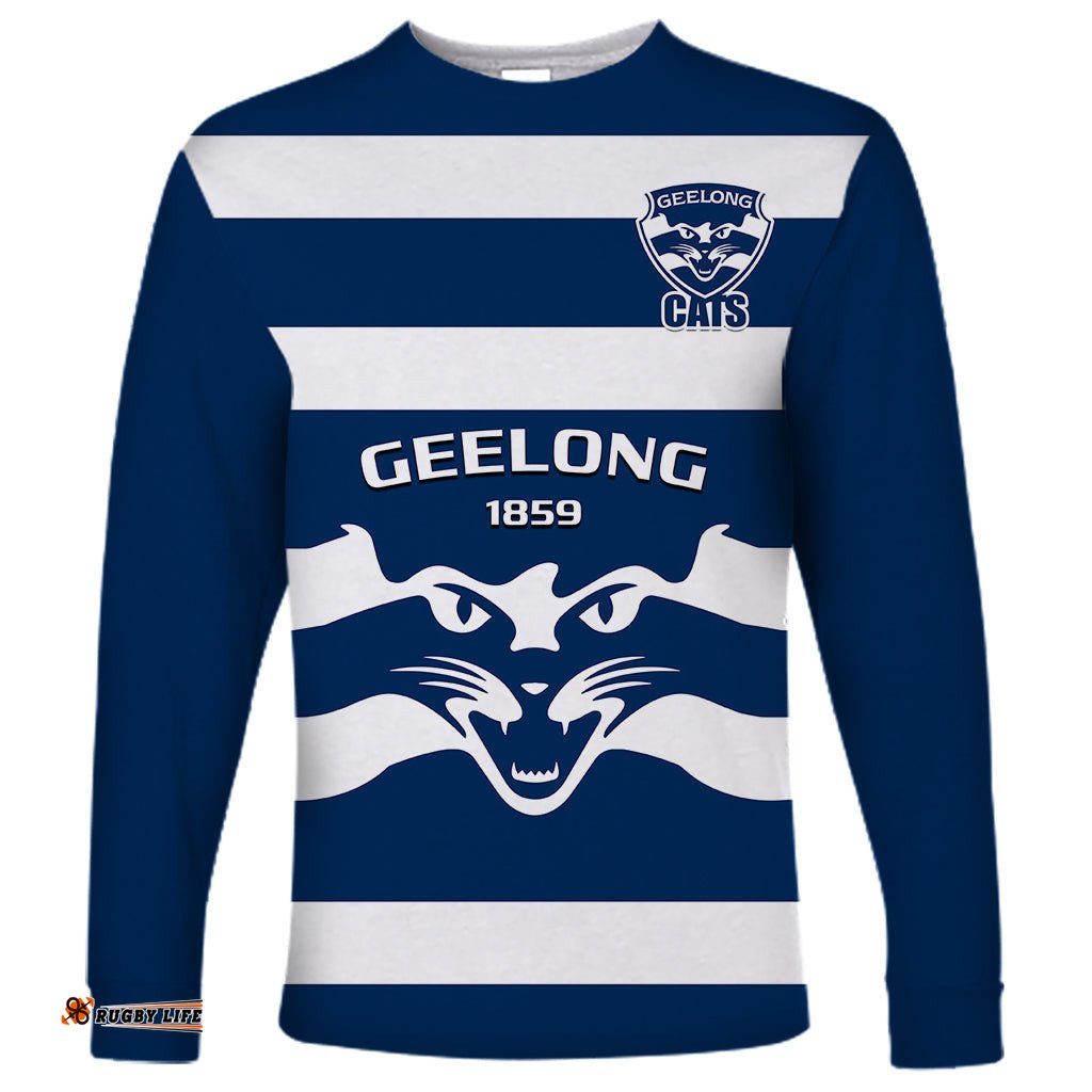 Geelong Football Long Sleeve T-shirt Go Cats Navy Blue Sporty Style
