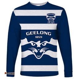 Geelong Football Long Sleeve T-shirt Go Cats Navy Blue Sporty Style