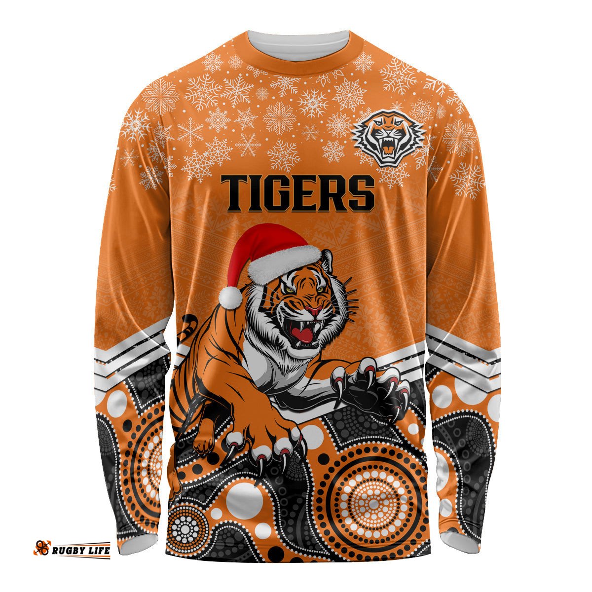 Custom Tigers Rugby Christmas Long Sleeve T-shirt Merry Xmas Mix Aboriginal Art