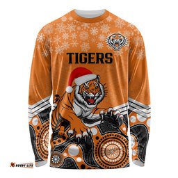 Custom Tigers Rugby Christmas Long Sleeve T-shirt Merry Xmas Mix Aboriginal Art