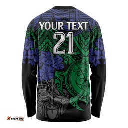 Custom New Zealand Warriors Rugby Long Sleeve T-shirt Hibiscus and Turtle With Polynesian Pattern